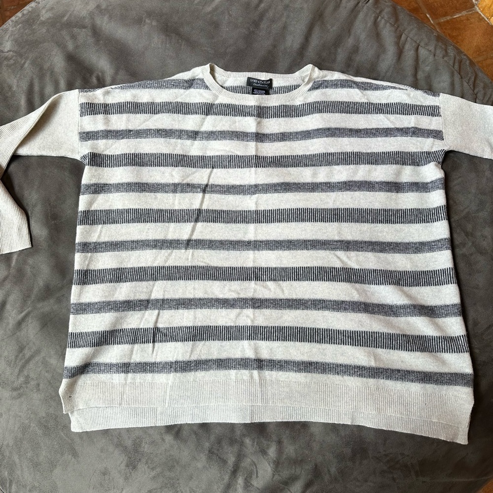 Lord & Taylor cashmere sweater cream gray stripe boxy fit crew neck
